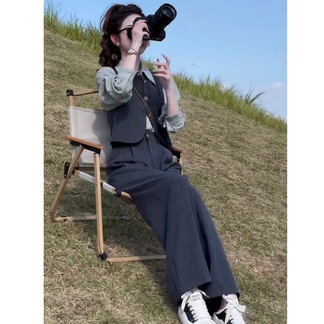 小个子马甲气质轻熟风轻职衬衫洋气阔腿裤西装时尚套装6353
