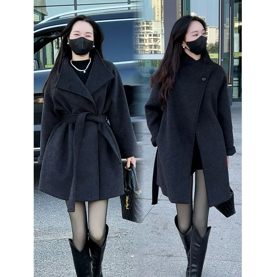 JLYIYING |高端韩系立领系带羊毛大衣女秋冬新款中长款外套6560