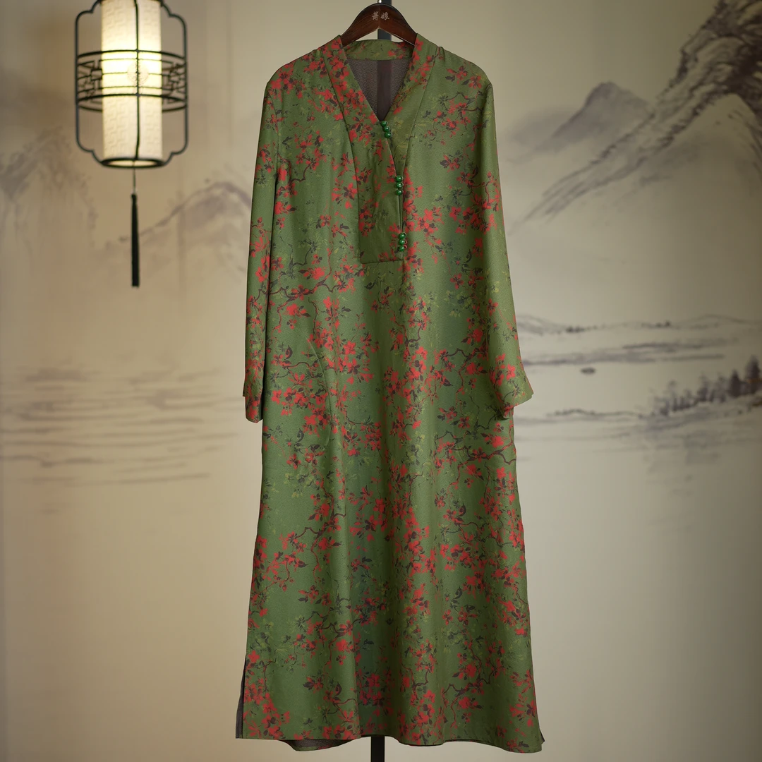 萧娘【绿梅】香云纱莨纱新中式连衣裙春夏桑蚕丝国风花色绿色486