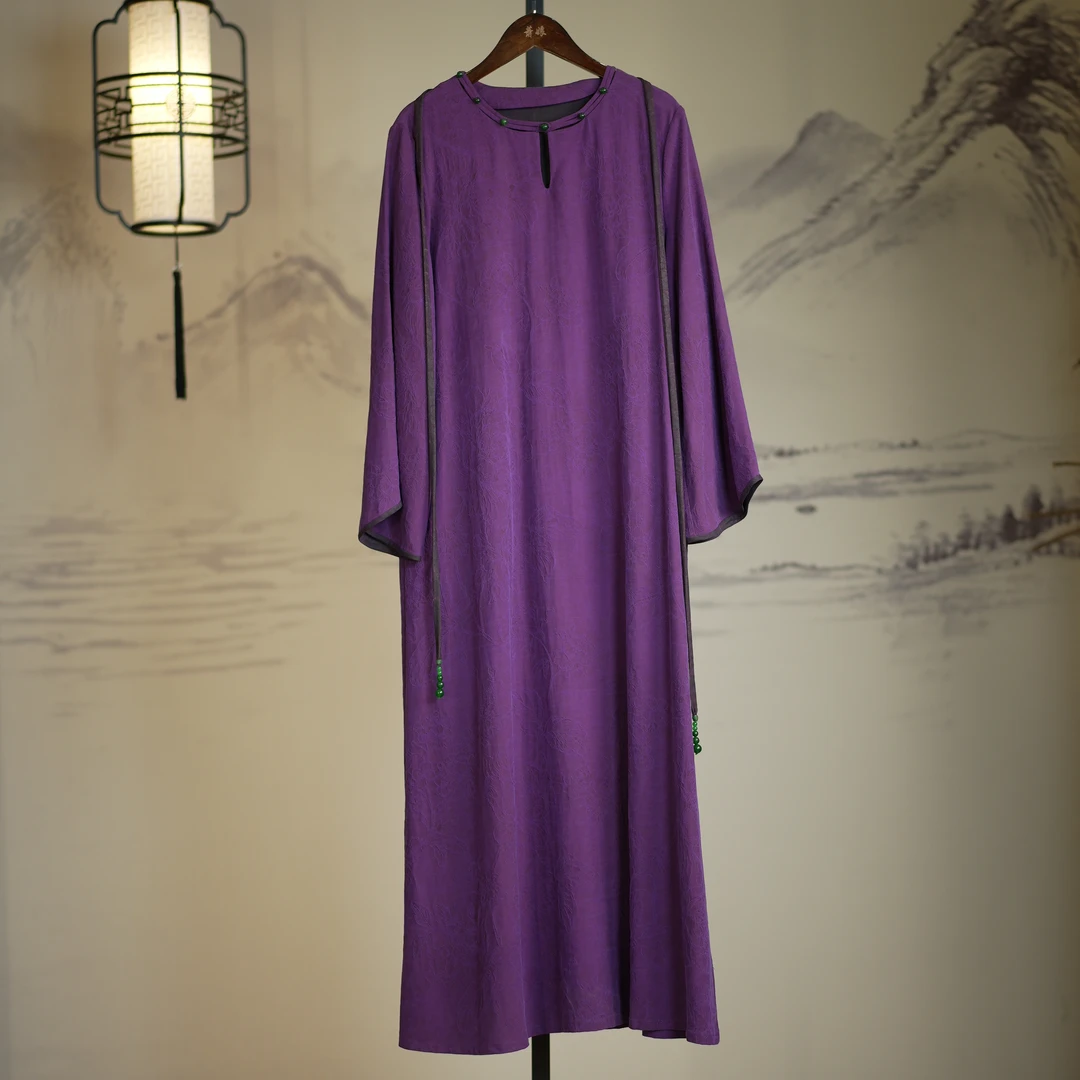 萧娘【笑春风】香云纱连衣裙显瘦复古长袖中国风秋冬宽松长款528