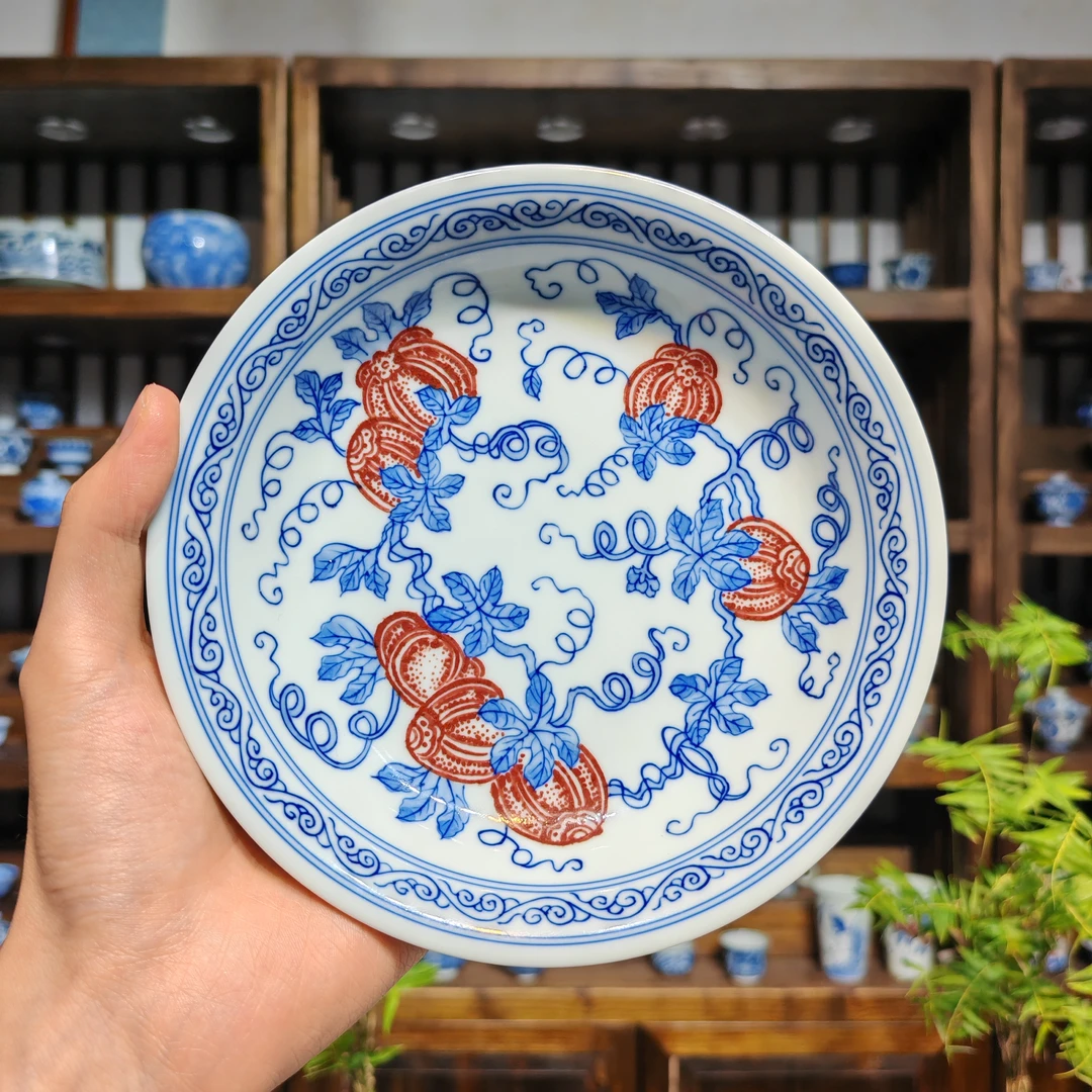 明逸堂手绘陶瓷釉里红瓜果壶承16.5cm直径3.5cm高纯手工全手工