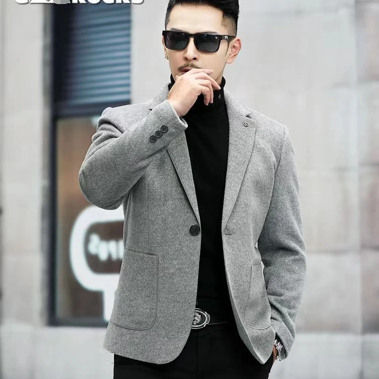 新款男士灰色单面呢韩版修身西服羊呢商务休闲小西装外套灰色西服