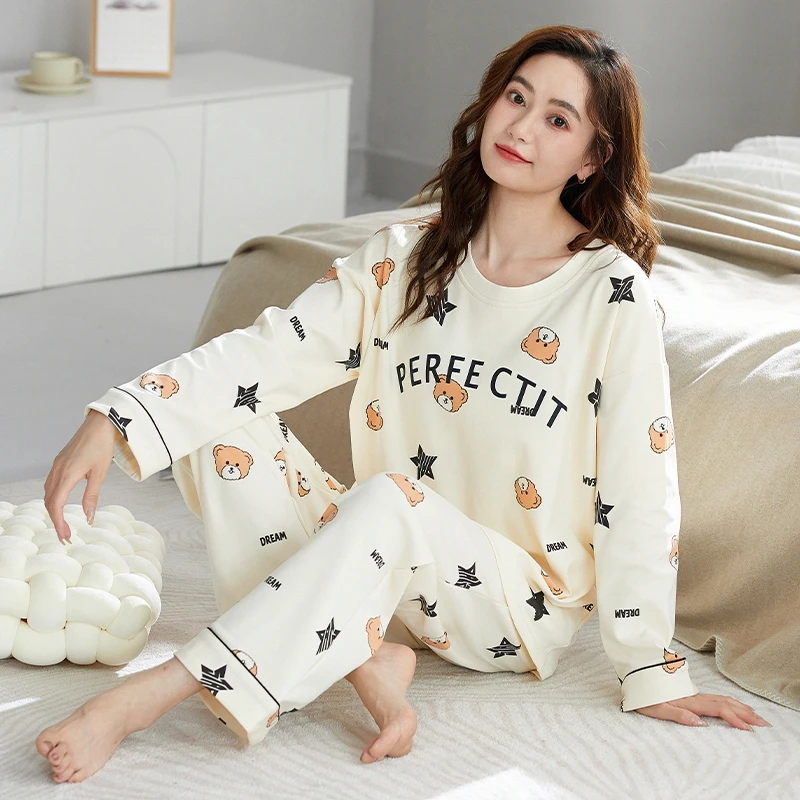 2023年秋冬季女士纯棉带胸垫睡衣长袖长裤奢华宽松舒适家居服6903