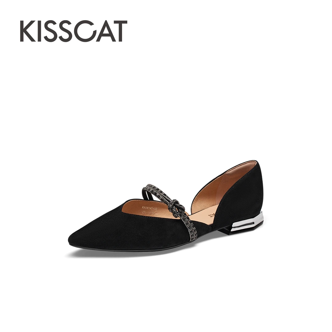 接吻猫新款通勤法式气质钻条显瘦尖头粗跟平底空鞋KA54147-10