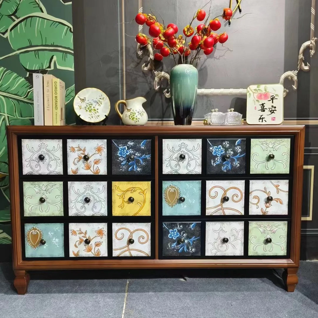 美式彩绘松弛感斗柜实木玄关柜客厅复古鞋柜卧室抽屉式大容量隔断