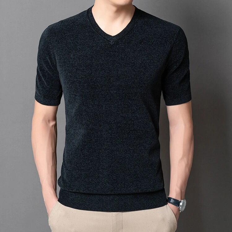 男士短袖针织衫2025春秋高档时尚纯色休闲薄款V领雪尼尔打底衫T恤