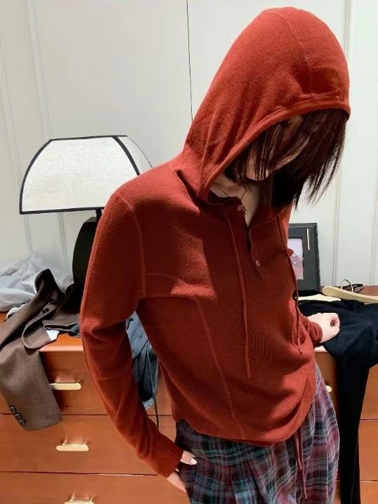 连帽抽绳洋气半排扣连帽套头女2024年秋季新款宽松显瘦连帽衫