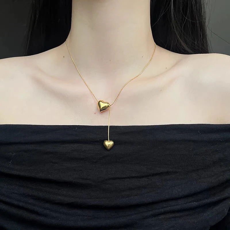 钛钢项链 钛钢双爱心项链蛇骨链桃心吊坠气质简约锁骨链