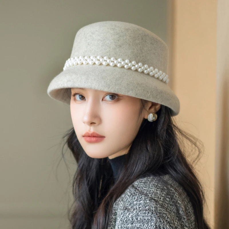 疯帽子 法式羊毛渔夫帽子女 优雅珍珠毡帽 时尚百搭盆帽秋冬新款
