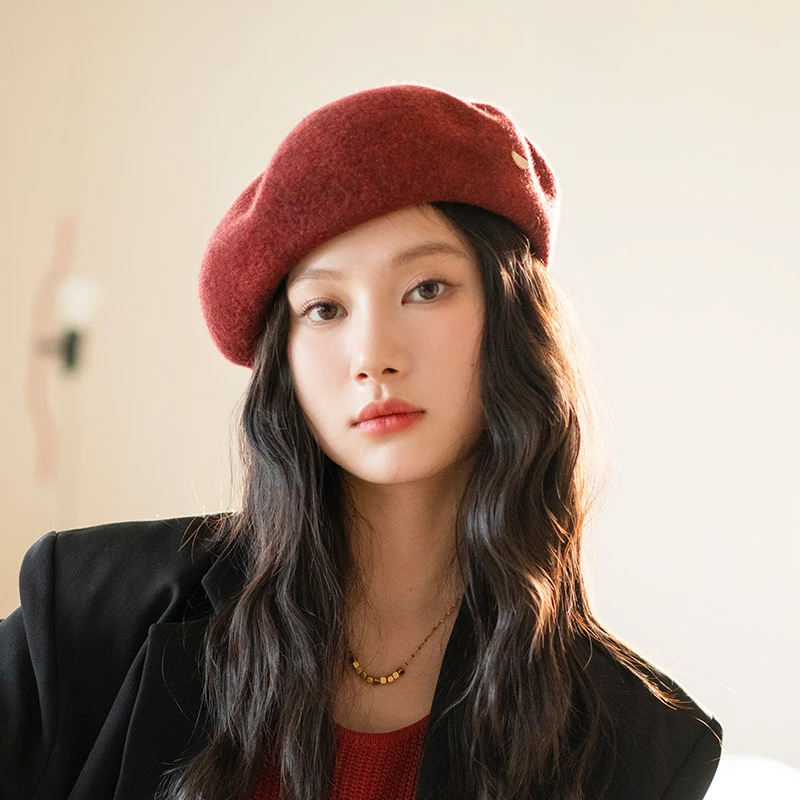 疯帽子 纯羊毛日系纯色百搭简约羊毛贝雷帽显脸小画家帽子女新