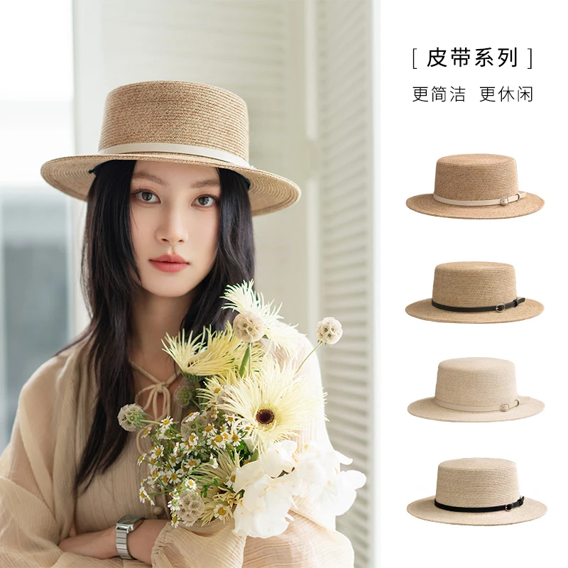 疯帽子 新款夏季时尚欧根纱法式平顶遮阳草帽海边度假太阳帽