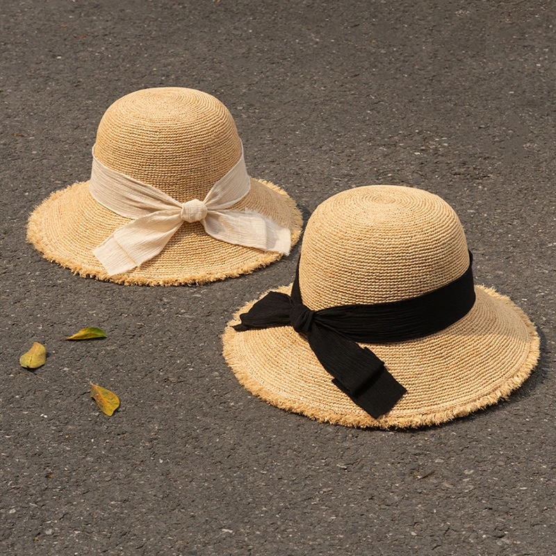 疯帽子法式拉菲草渔夫帽子女夏天防晒逛街海边草帽蝴蝶结太阳帽