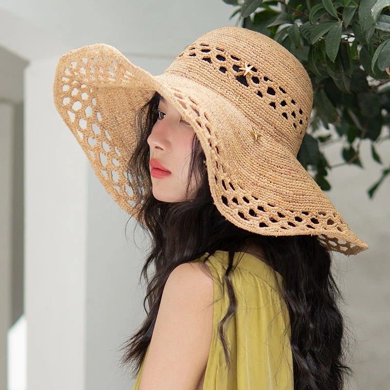 疯帽子 天然拉菲草草帽 可折叠大宽檐海边沙滩遮阳防晒帽子夏新款