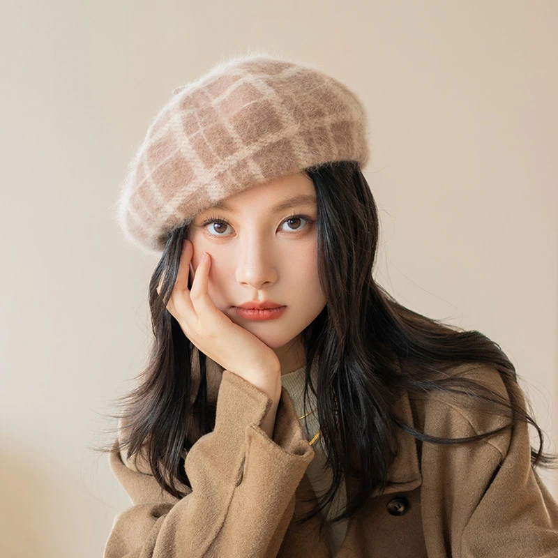 疯帽子 秋冬日系格纹羊毛贝雷帽英伦百搭安哥拉兔毛画家帽女新