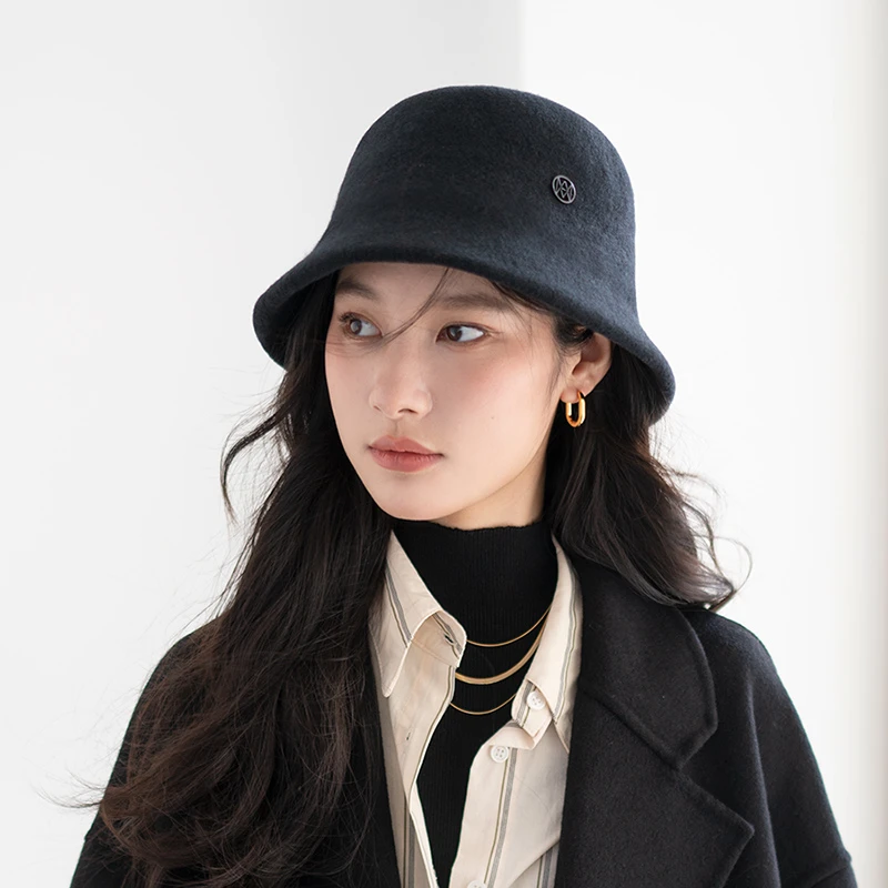 疯帽子 高端纯羊毛 渔夫帽女显脸小纯色可折叠针织帽子秋冬保暖