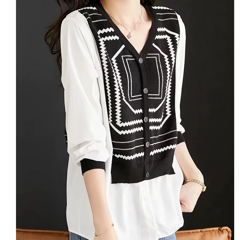 1920大码女装胖mm减龄拼接百搭假两件针织长袖上衣设计感衬衫713