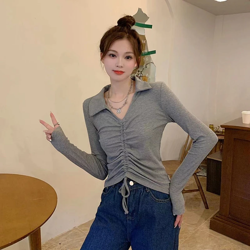 2933大码女装秋季不规则翻V领纯欲显瘦辣妹抽绳褶皱T恤2721