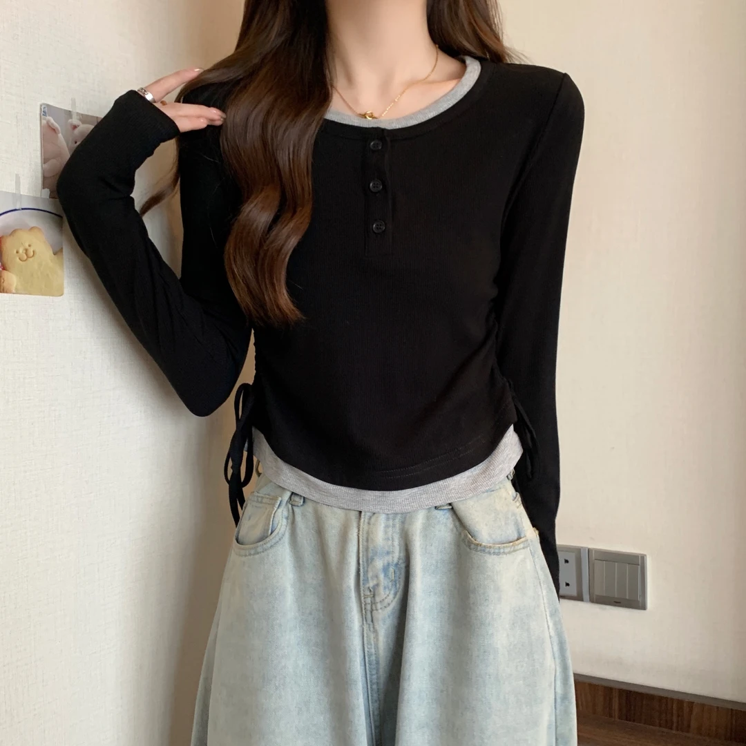 3324时尚新潮流百搭假两件拼接设计圆领抽绳长袖T恤上衣9202