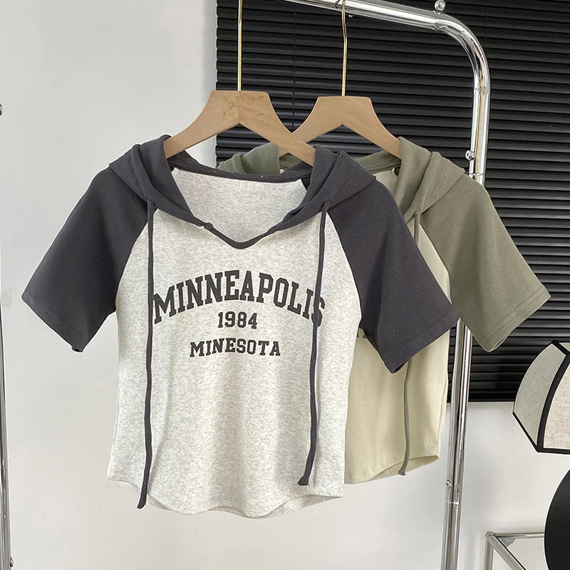 2748大码女装夏季时尚休闲运动百搭简约印花连帽短袖T恤2716