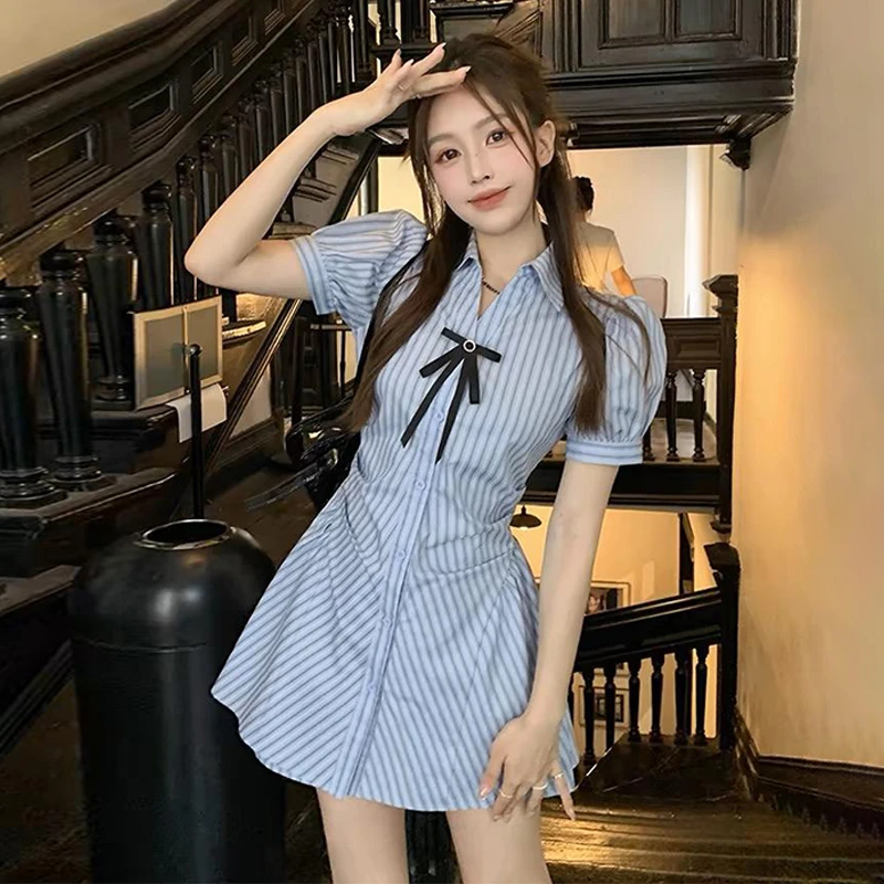 2927大码女装法式学院风条纹衬衫连衣裙子女夏季2105