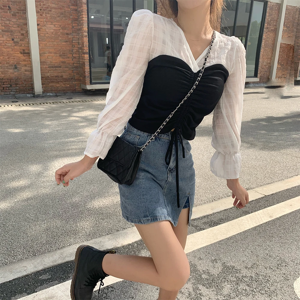 2063大码女装胖妹妹小众拼接抽绳V领显瘦设计感百搭长袖上衣1020