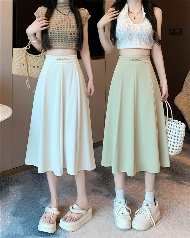 3163时尚百搭简约轻职风格半松紧腰垂感A字半身裙9973