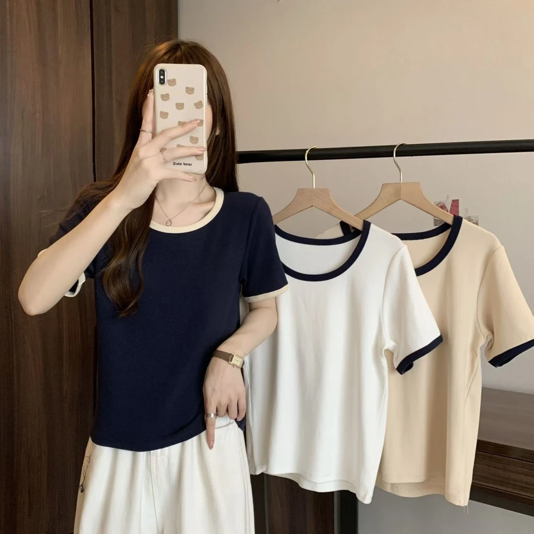 2733时尚休闲百搭超美撞色设计感小众圆领短袖T恤