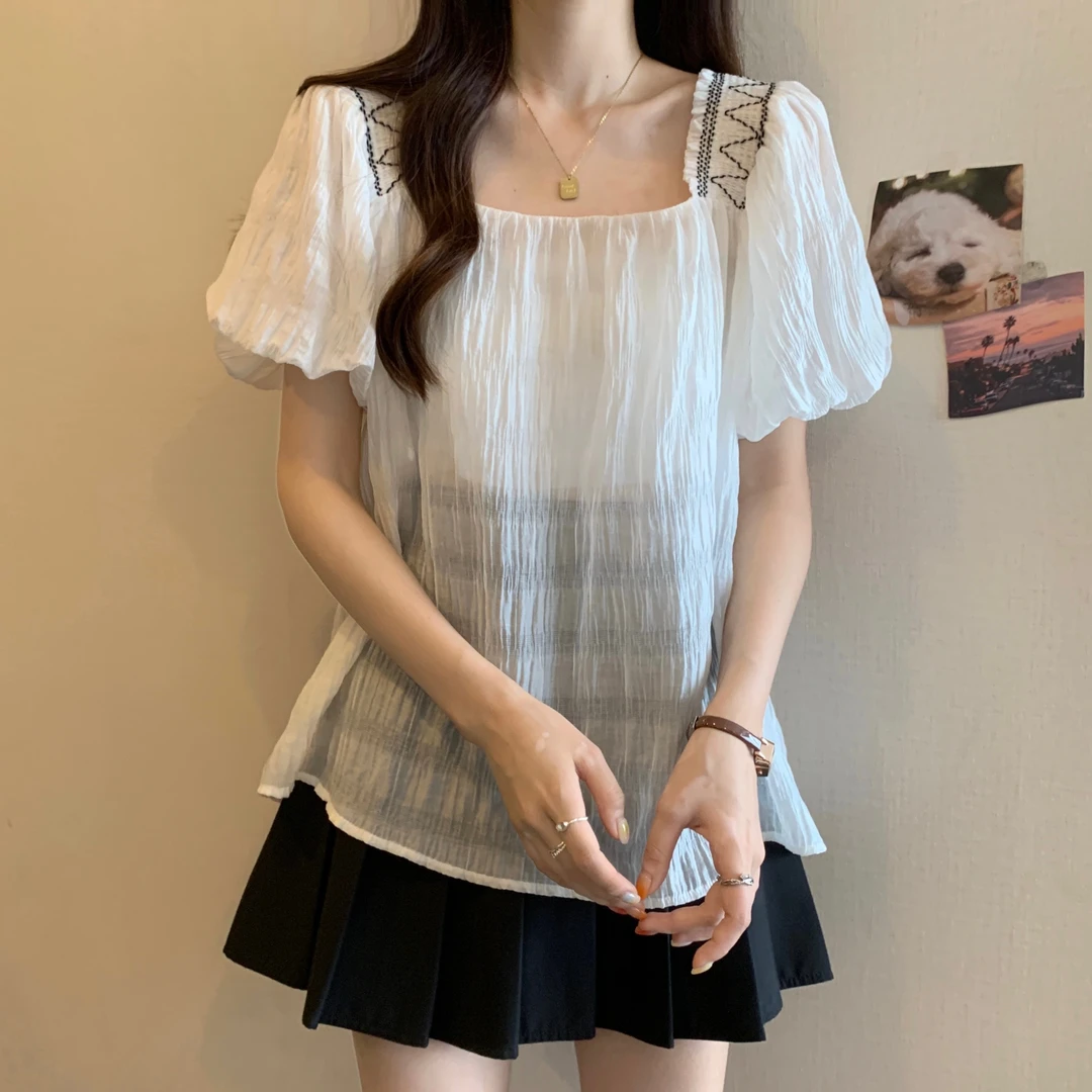 2977夏季时尚百搭宽松显瘦褶皱泡泡袖方领设计衬衫上衣9282