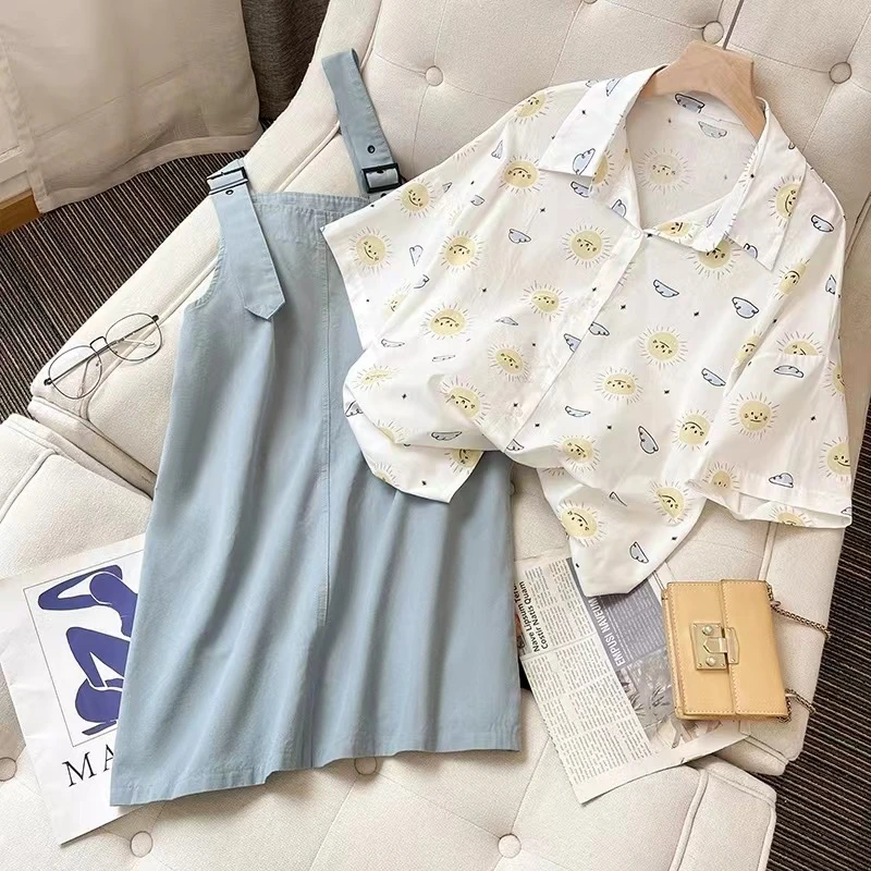2746夏大码百搭显瘦ins风减龄胖mm二百斤可穿衬衣+背带裙两件套