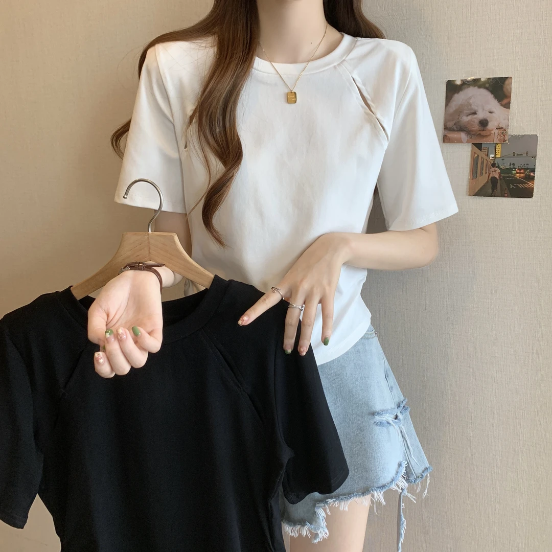 2157大码女装胖mm显瘦宽松圆领韩版纯色ins性感百搭不规则T恤5181