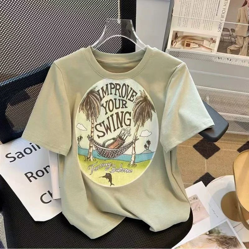 3235时尚百搭小清新风格设计感小众海滩印花短袖圆领T恤上衣9092