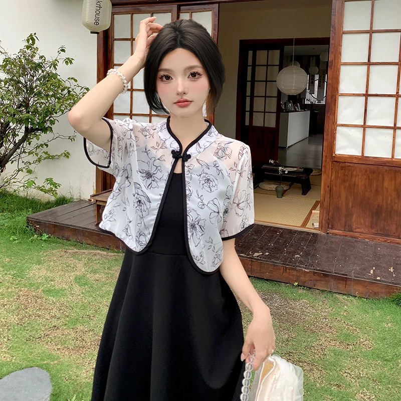 2887(轻微染色介意勿拍单上衣)国风水墨碎花设计感薄款短上衣5308