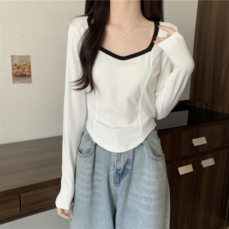 2822时尚百搭撞色小众设计白色长袖方领T恤6271