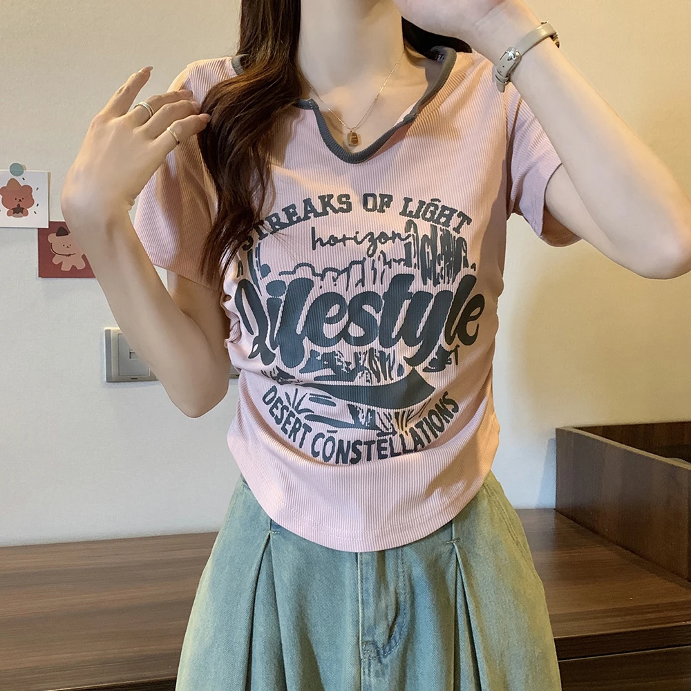 3179时尚休闲百搭字母印花鸡心领两侧抽褶设计短袖T恤上衣2123