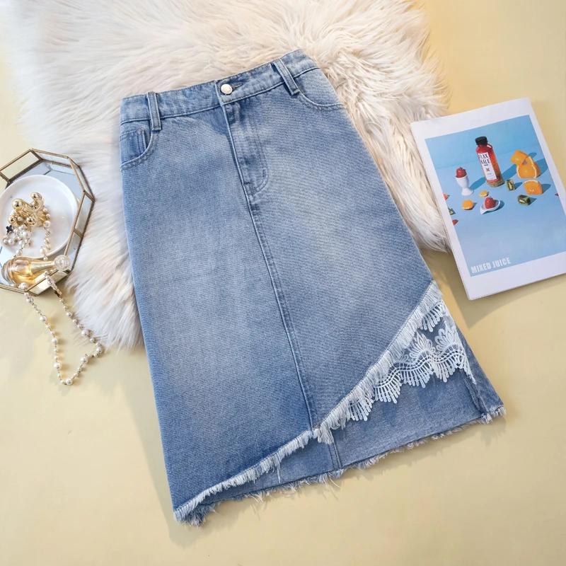 3000时尚百搭显瘦不规则蕾丝裙边设计水洗做旧牛仔半身裙809