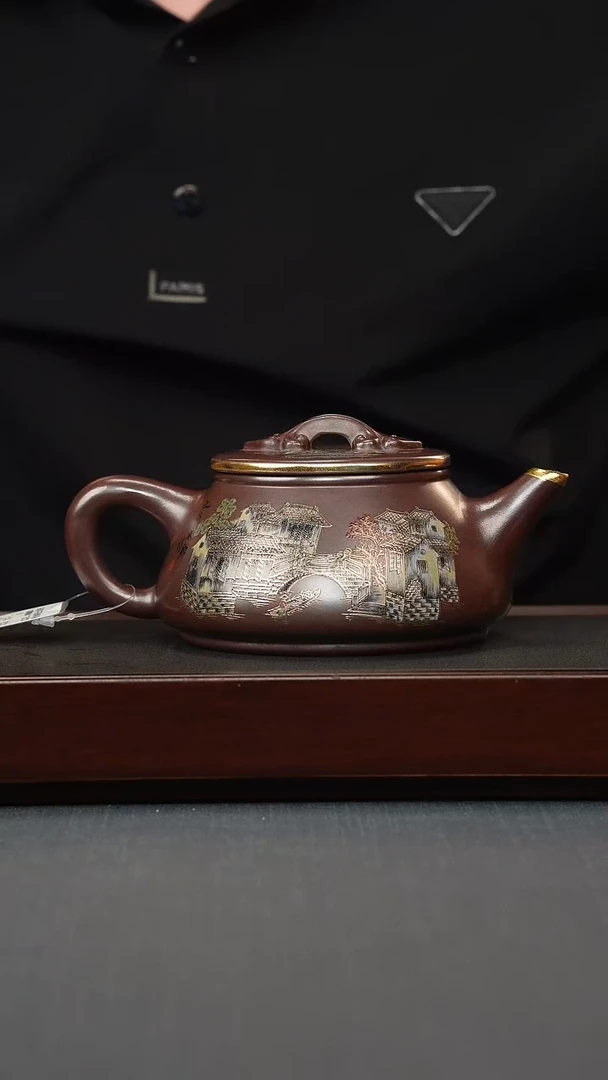 【闪购商品】紫砂茶壶石红 如意石瓢 忆江南珐琅彩