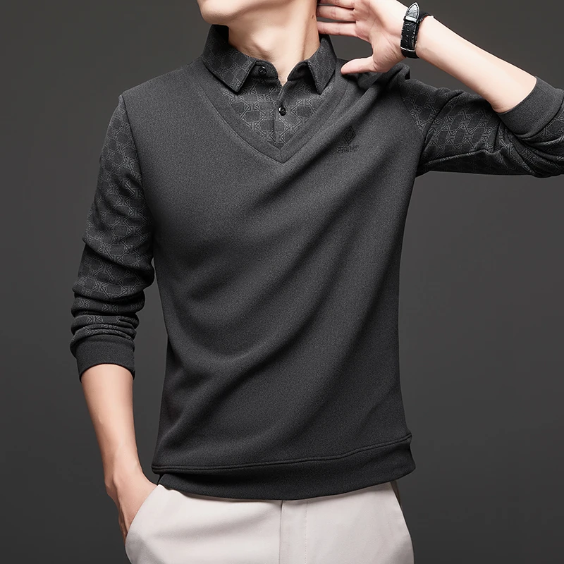 男士加绒加厚假两件羊毛衬衫领上衣中年保暖针织打底衫爸爸装长袖