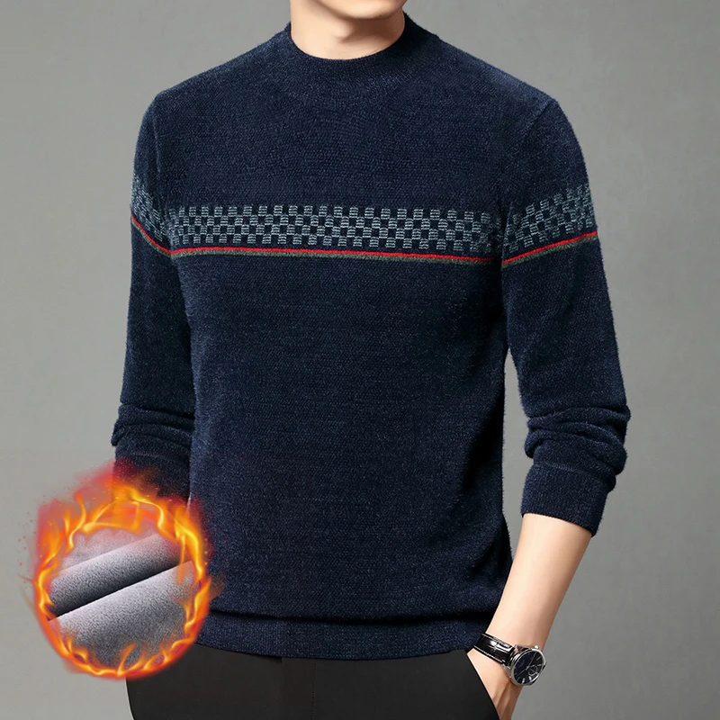 爸爸装秋冬保暖毛衣加绒加厚半高领中年男士雪貂针织打底衫上衣