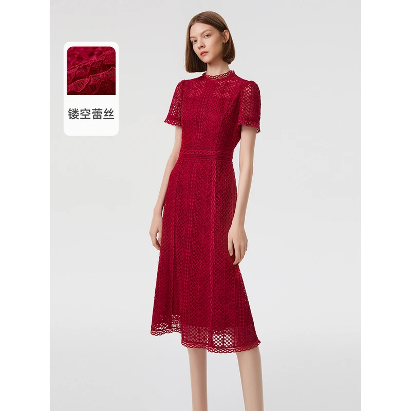 【晨粉专享价】朗姿法式蕾丝时尚镂空红色连衣裙高级感中长款裙子