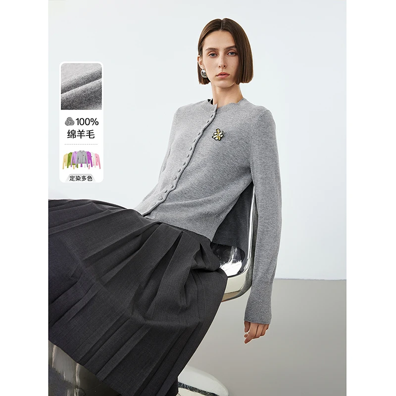 达人 朗姿纯羊毛针织衫冬季高级感气质新款女士上衣外套开衫