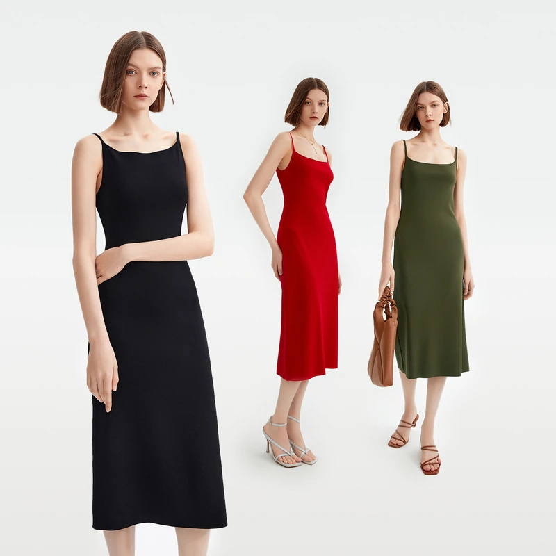 朗姿法式气质高级感修身方领吊带连衣裙2023年夏季新款别致裙子女