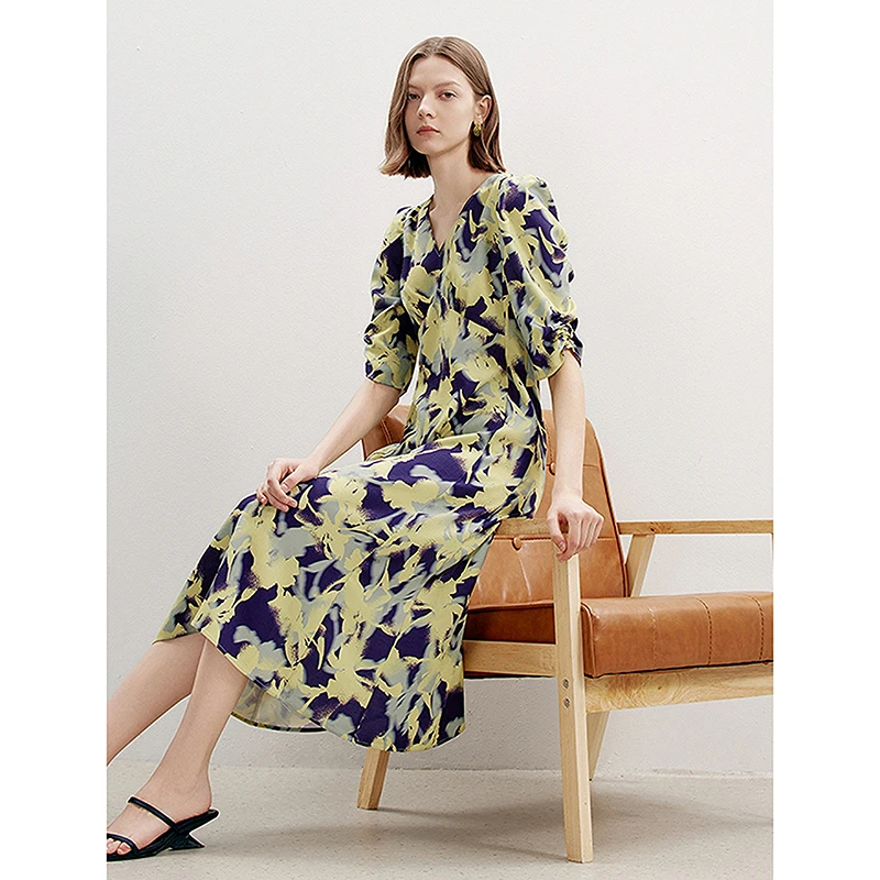 朗姿印花复古法式设计感收腰气质裙子女2024秋季新款高级感连衣裙