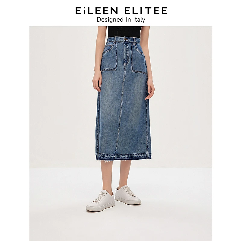 朗姿欧洲EiLEEN ELITEE牛仔半身裙2024夏新款高腰直筒裙半身裙女