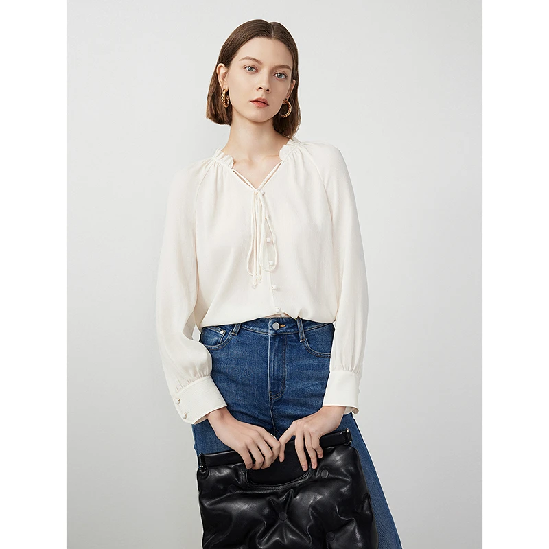 朗姿法式木耳边v领高级感通勤衬衣2024年春季新款衬衫气质上衣女
