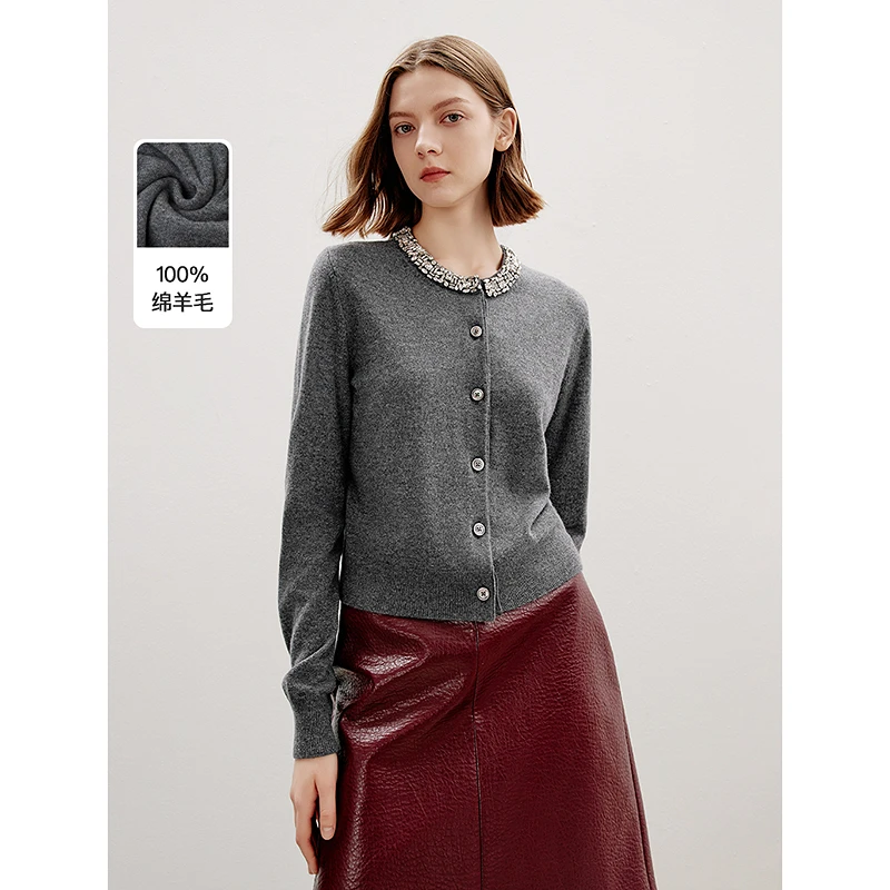 朗姿纯羊毛开衫上衣2024年秋季新款灰色毛衣高级感气质毛针织衫女