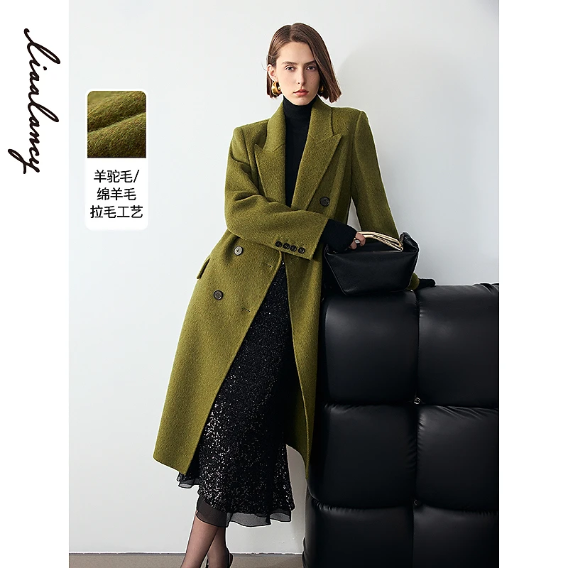 朗姿羊毛羊驼毛率性复古气质高级感长款呢大衣2025冬新款毛呢外套