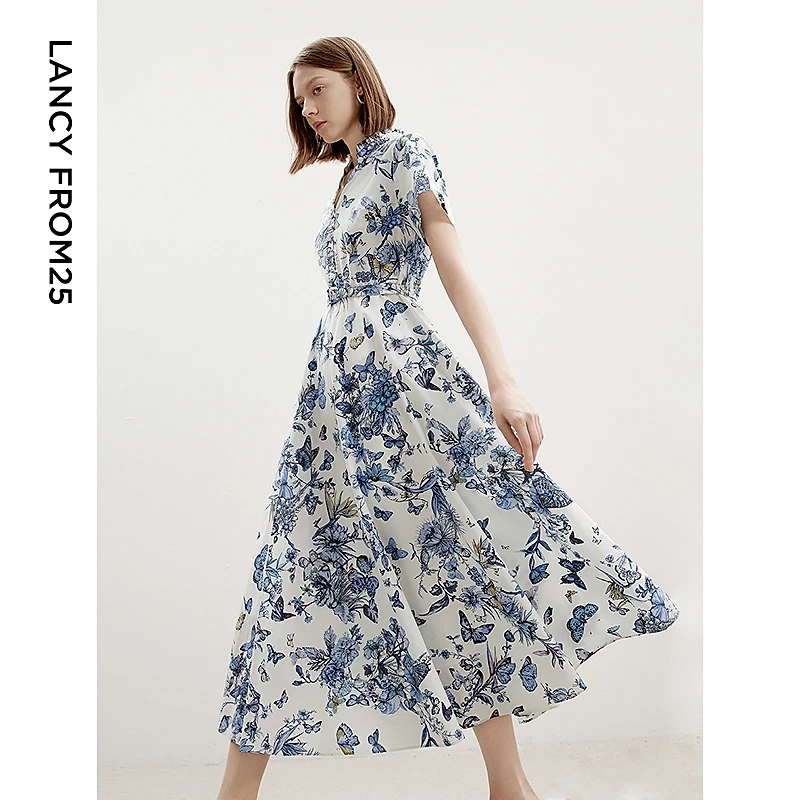 达人 朗姿法式气质纯棉碎花收腰POLO领短袖女2024年夏季碎花