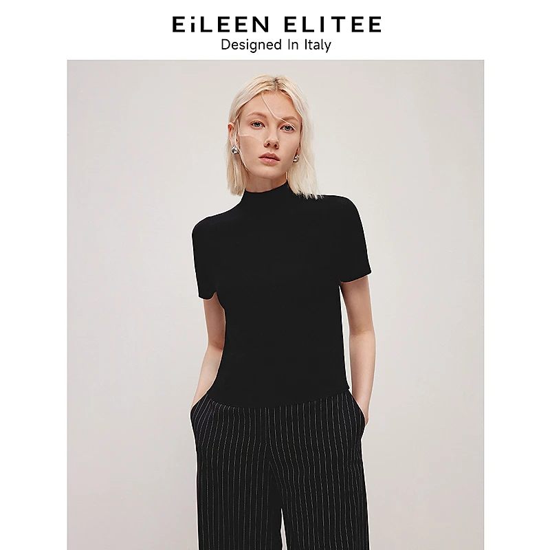 朗姿欧洲EiLEEN ELITEE醋酸半高领法式毛针织衫短袖2024夏季新款