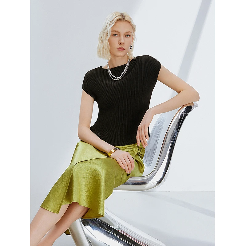 朗姿法式气质一字领设计感黑色衬衫上衣女2024新款夏季高级感短袖