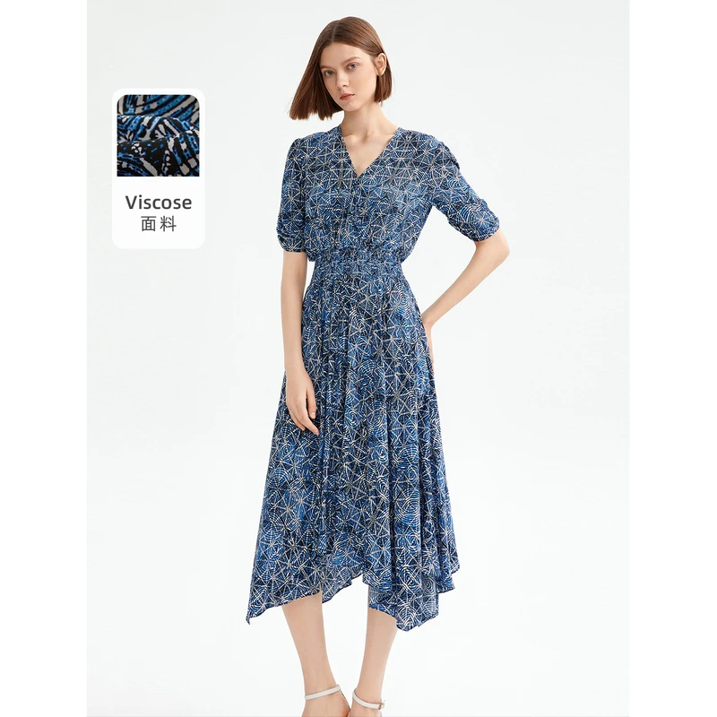 朗姿「欧若智性风」高级感气质显瘦泡泡袖女连衣裙夏季设计感裙子